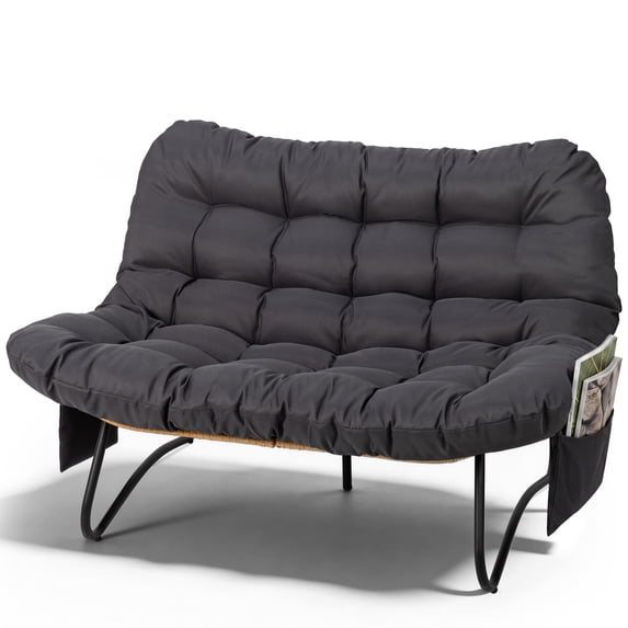 UBesGoo 52.4in Papasan Chair Curved Rattan Loveseat with Side Pockets, Dark Grey