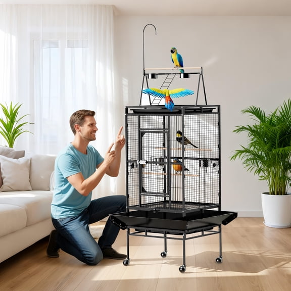 UBesGoo 68in Wrought Iron Bird Cage, Large Flight Cage with Playtop & Rolling Stand for Medium Birds