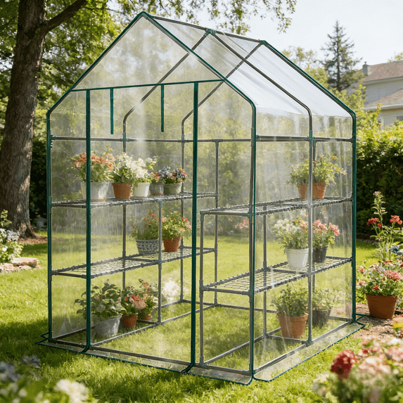 UBesGoo 56" Walk-in Greenhouse with 8 Shelves, PVC Cover, Indoor Outdoor, Transparent