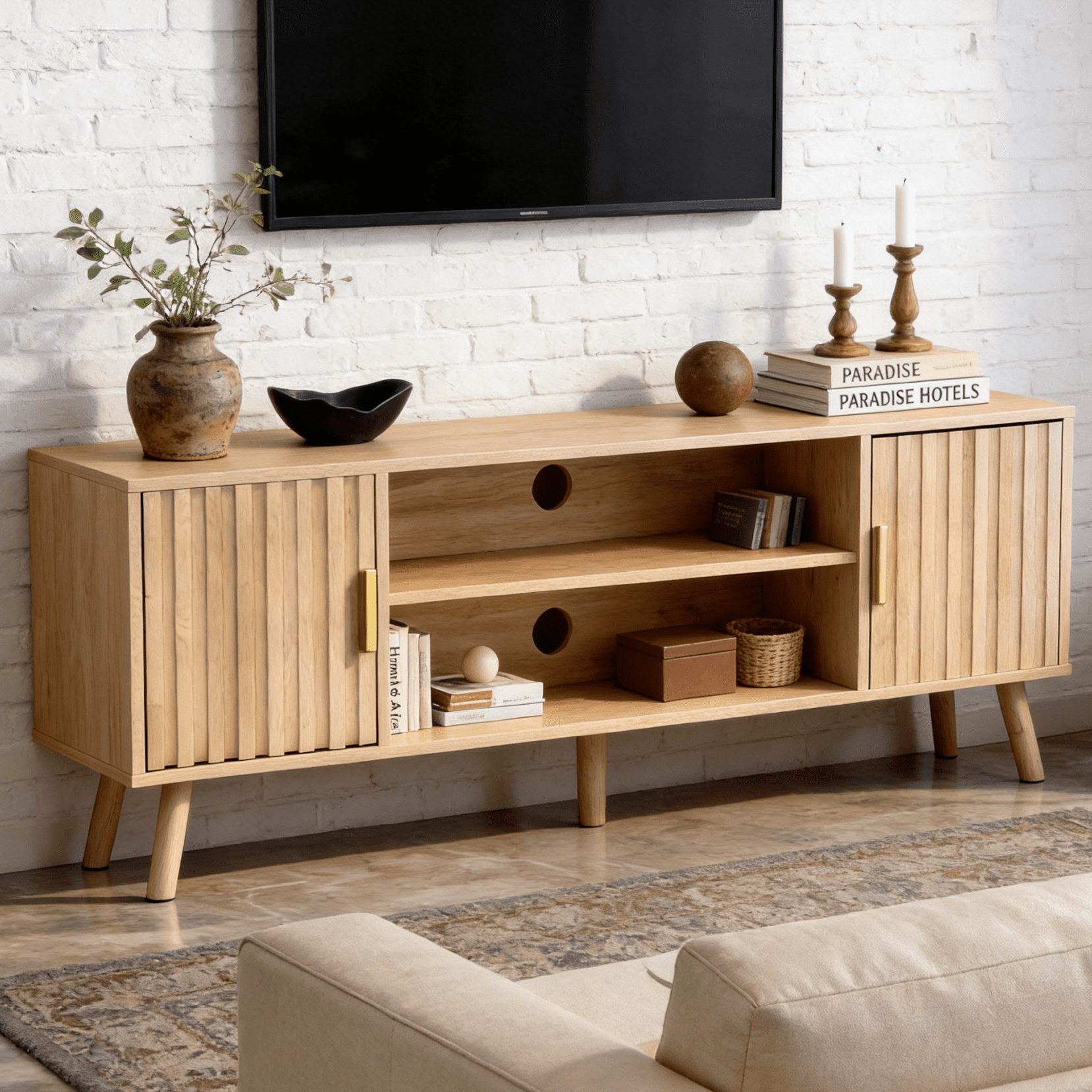 UBesGoo 59" Modern Fluted TV Stand, Walnut Entertainment Center for 55 — free download