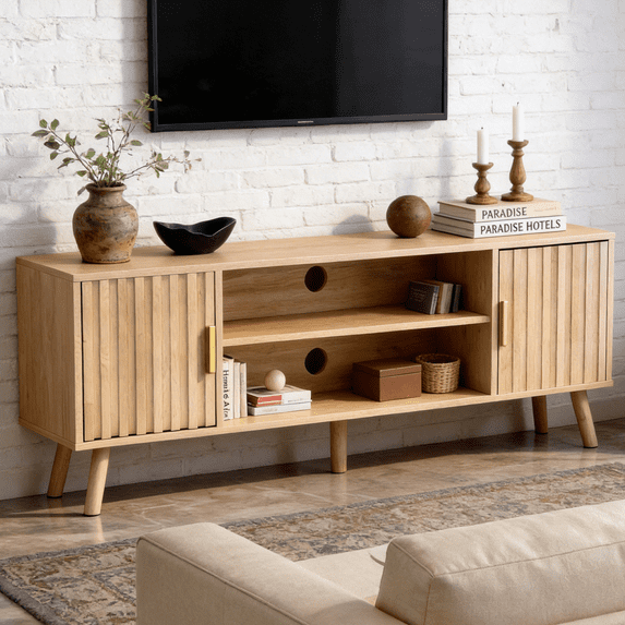 UBesGoo 59" Modern Fluted TV Stand, Walnut Entertainment Center for 55/60/65-Inches TVs, Boho Media Console with 2 Doors & Shelves Storage for Living Room, Bedroom, Home