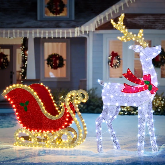 UBesGoo 5FT Outdoor Yard Decoration Set Christmas Reindeer and Sleigh with LED Light
