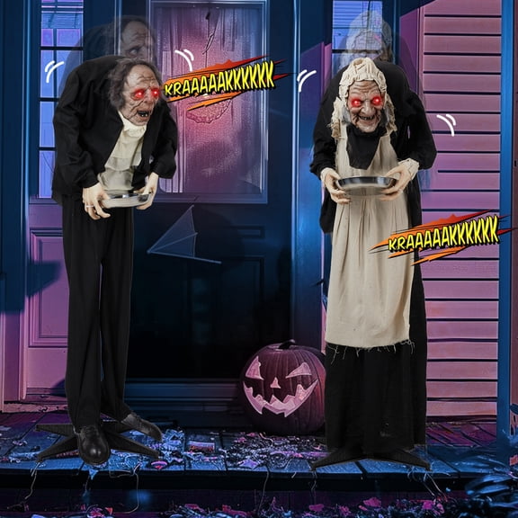 UBesGoo 5ft Waiter Animated Halloween Decoration w/ Pre-Recorded Screaming, LED Eyes