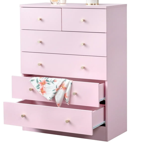 UBesGoo 6 Drawer Wood Dresser for Bedroom, Chest of Drawers, Storage Organization Unit for Clothing, Pink