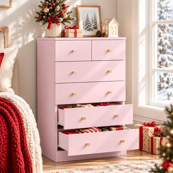 UBesGoo 6 Drawer Wood Dresser for Bedroom, Chest of Drawers, Storage Organization Unit for Clothing, Pink