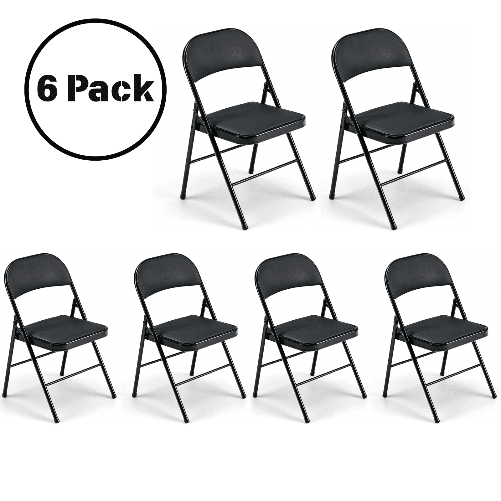 UBesGoo 6 Pack Folding Chairs, Vinyl Cushion Padded Lightweight Foldable Chairs Set of 6, Waterproof Collapsible Chairs for Outdoor Party, Home, Office, Black
