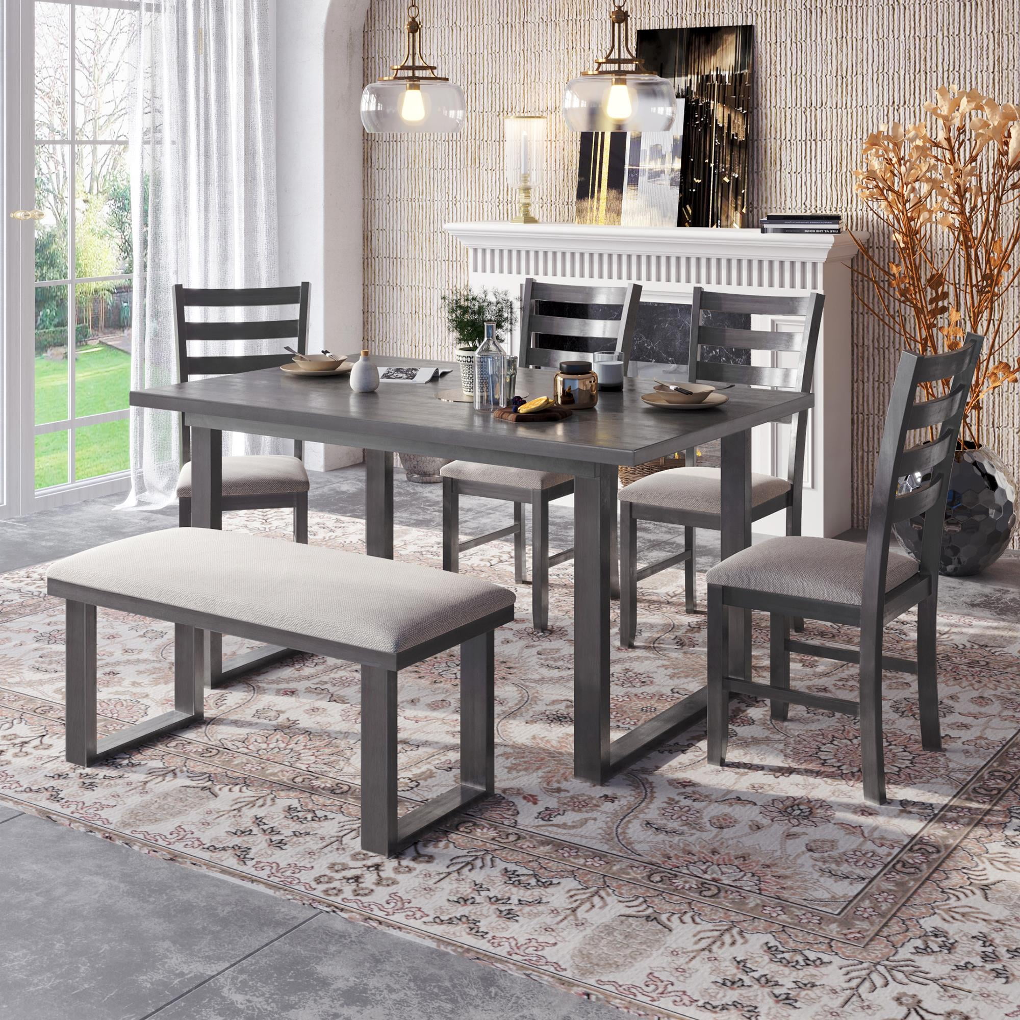 Gray 6-Piece Dining Set with Upholstered Chairs and Bench