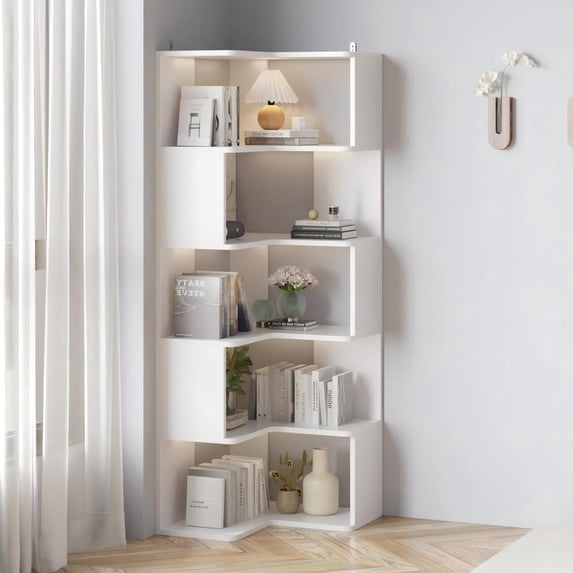 UBesGoo 6 Tiers Corner Shelf Bookshelf Bookcase Shelving Units Free Standing Shelving Unit White