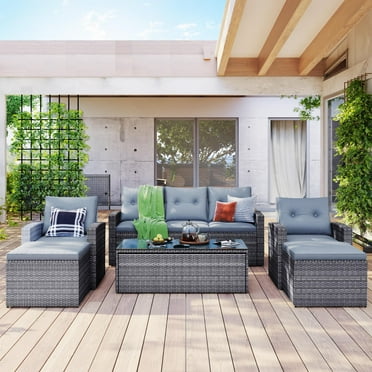 UBesGoo 6-piece All-Weather Wicker PE rattan Patio Outdoor Dining Conversation Sectional Set, Light Grey