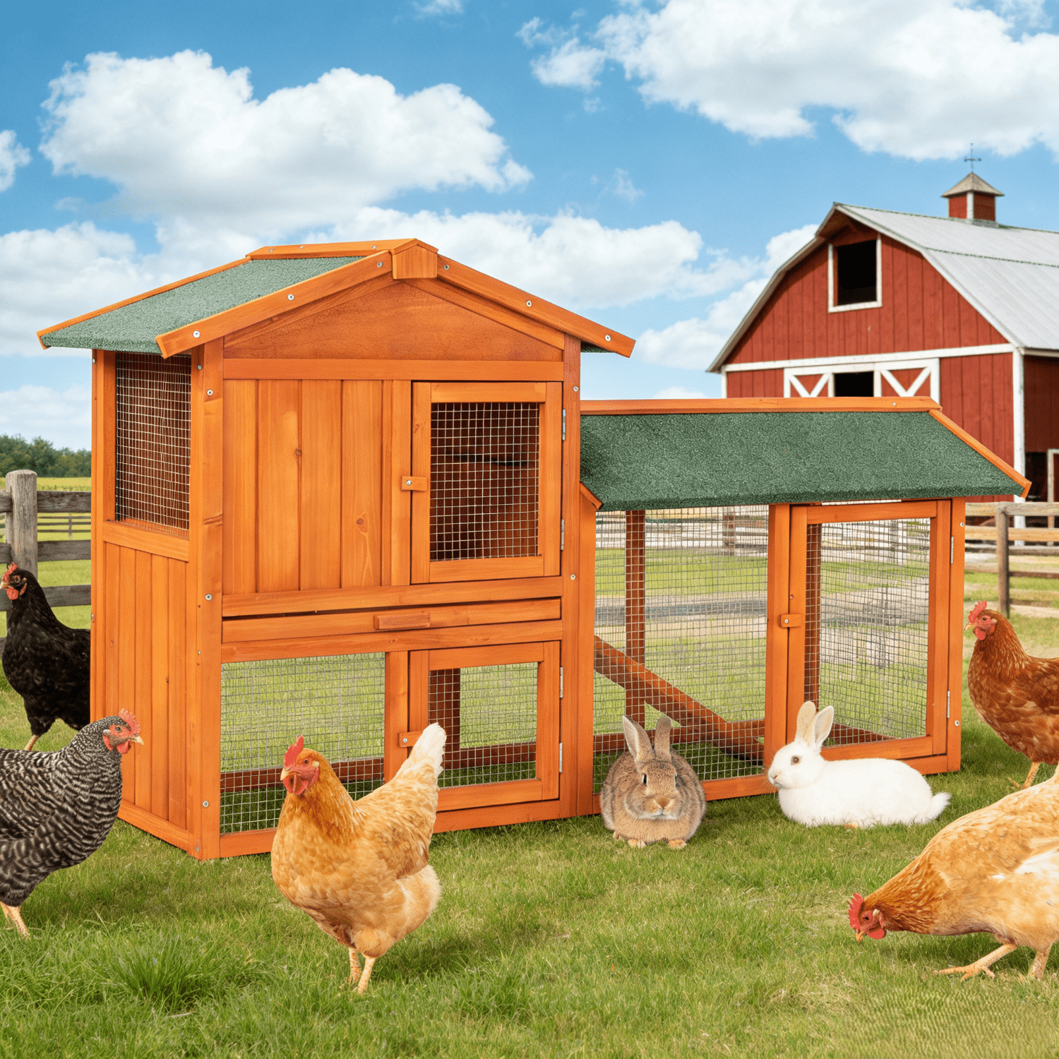 UBesGoo 61" Wooden Chicken Coop Rabbit Hutch Guinea Pig Coop Poultry Cage with Stairs and Cleaning Tray, Brown