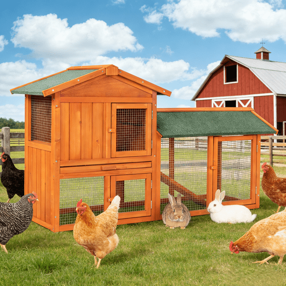 UBesGoo 61" Wooden Chicken Coop Rabbit Hutch Guinea Pig Coop Poultry Cage with Stairs and Cleaning Tray, Brown