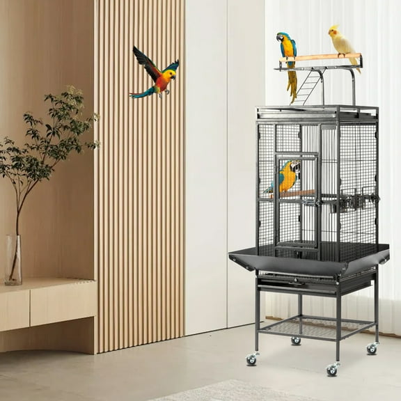 UBesGoo 65" Large Flight Bird Cage with Rolling Stand & Storage Shelf for Parrots Lovebird Cockatiel Parakeets, Black