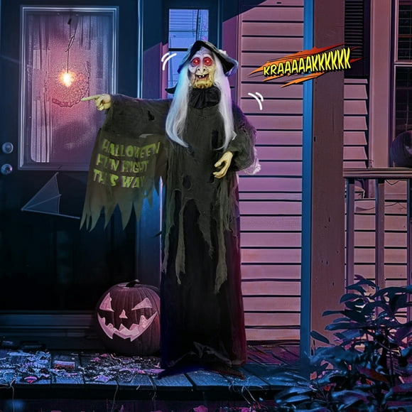 UBesGoo 6ft Hanging Witch Animated Halloween Decoration Witch w/ Pre-Recorded Screaming, LED Eyes