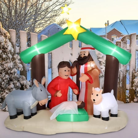 UBesGoo 6ft Inflatable Nativity Garden Jesus Family Decoration with 8 Lamp Beads Inflatable