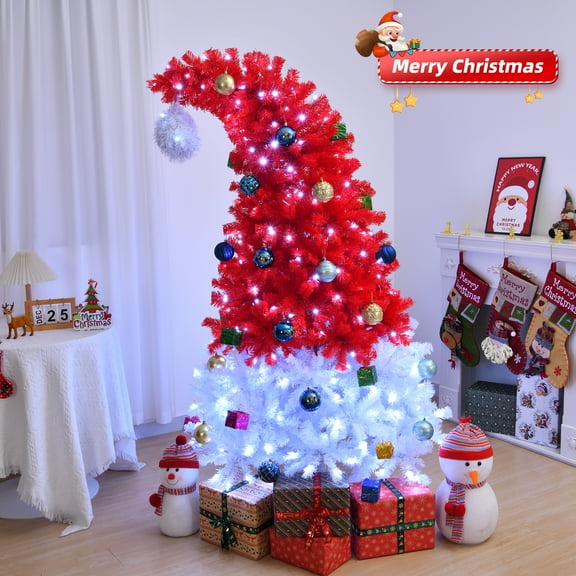 UBesGoo 6ft Santa Hat Christmas Tree, Pre-Lit Artificial Pine with 300 LEDs & 1050 Tips, Red & White