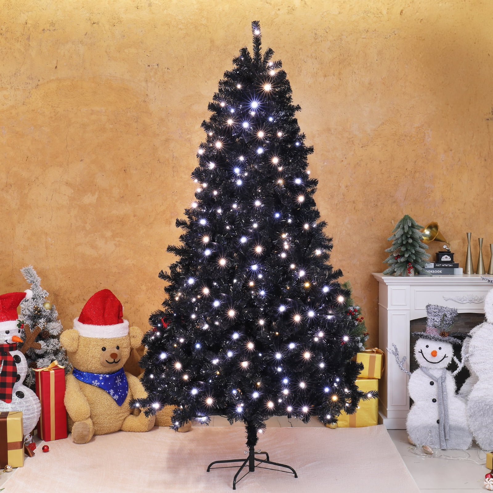 UBesGoo 7.5ft Black Pre-lit Christmas Tree, Hinged Artificial Pine with ...