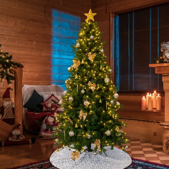 UBesGoo 7.5ft DIY Christmas Tree, Hinged Artificial Pine with 400 Warm LEDs & Golden Ornaments, Includes Tree Skirt, Green
