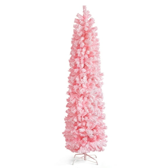 UBesGoo 7.5ft Pink Snow Flocked Christmas Tree, Hinged Pencil Design with 641 Tips & Stand, Unlit Artificial Pine
