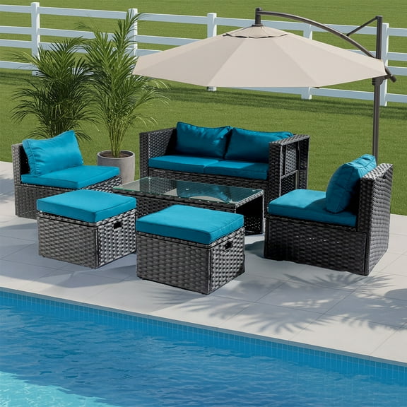UBesGoo 7-Piece Patio Sectional Set with Storage, Modular All-Weather Wicker Sofa, Black Frame & Peacock Green Cushions