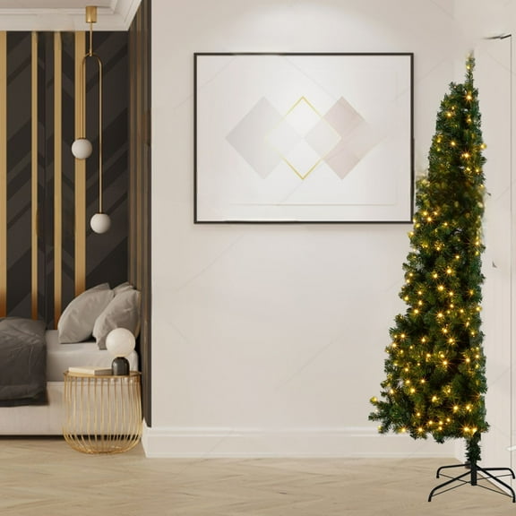 UBesGoo 7 ft Half Artificial Christmas Tree, 881 Branch Tips with Metal Stand, 230 LED Lights and 8 Color Mode, Half Shape Tree, Light Green