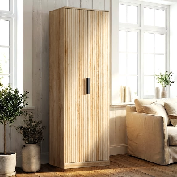 UBesGoo 70" Modern Freestanding Kitchen Pantry Cabinet Wardrobe Armoire with 6 Adjustable Shelves, Natural Oak