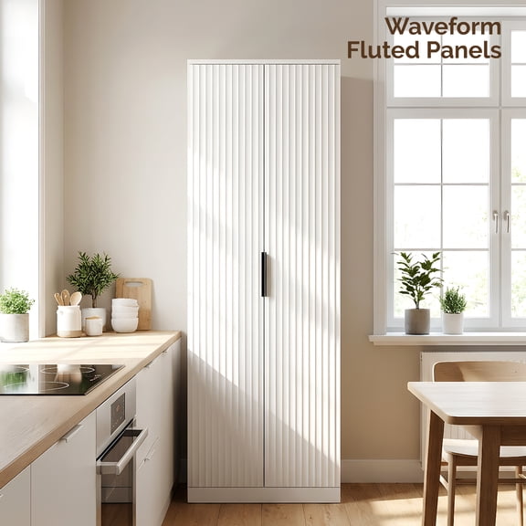 UBesGoo 70" Modern Kitchen Pantry, White Closet Wardrobe with Fluted Doors & 5 Adjustable Shelves for Bedroom, Kitchen, Living Room