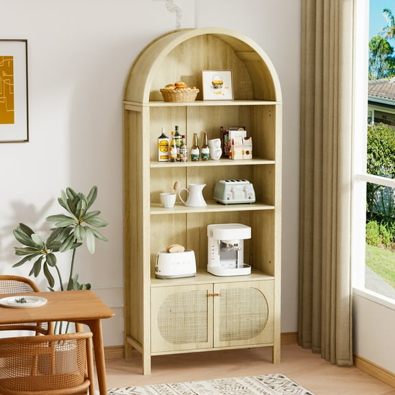 UBesGoo 70" Tall Arched Storage Cabinet, Wood Bookcase with 2 Rattan Facade Doors, Display Cabinet for Kitchen Dining Room, Oak