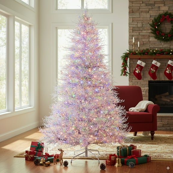 UBesGoo 7FT White Artificial Christmas Tree, 400 LEDs with Stepless Dimming & 3 Color Modes, Hinged Pine Design