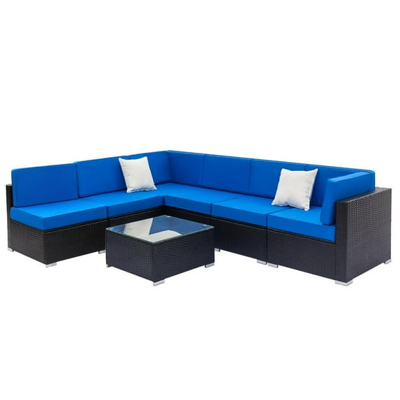 UBesGoo 7PC Sectional Rattan Wicker Patio Sofa Couch, Outdoor Wicker Sectional Set, Black Wicker and Blue Cushions