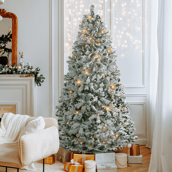UBesGoo 7ft Pre-lit Christmas Tree, Snow Flocked Hinged Artificial Xmas Tree with 400 LED Lights, Full Tree Decoration