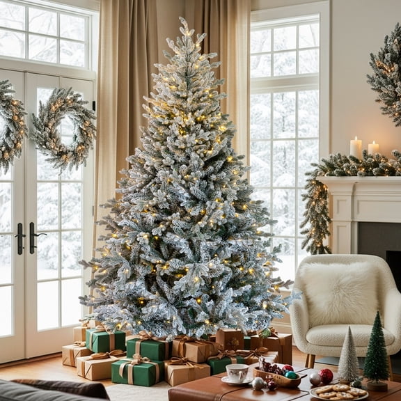 UBesGoo 7ft Snow Flocked Christmas Tree, Pre-Lit Hinged Artificial Pine with 400 Lights, Snowy Green