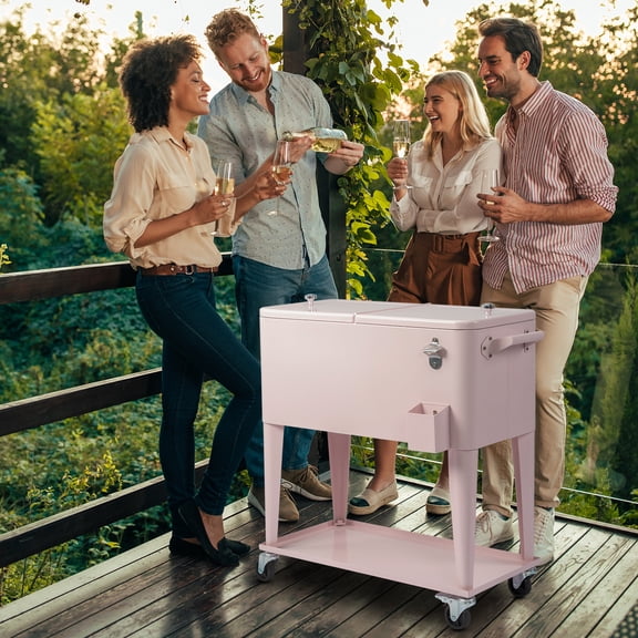 UBesGoo 80 Quart Patio Cooler Rolling Cooler Ice Chest with Shelf, Wheels and Bottle Opener Pink
