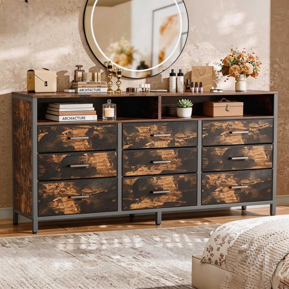 UBesGoo 9 Drawer Wood Dresser for Bedroom, Modern Dressers Storage Organizer Cabinet for Living Room, Entryway, Hallway Brown