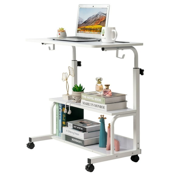 UBesGoo Adjustable Height Computer Laptop Desk Side Table Movable Over-bed End Table Stand, White
