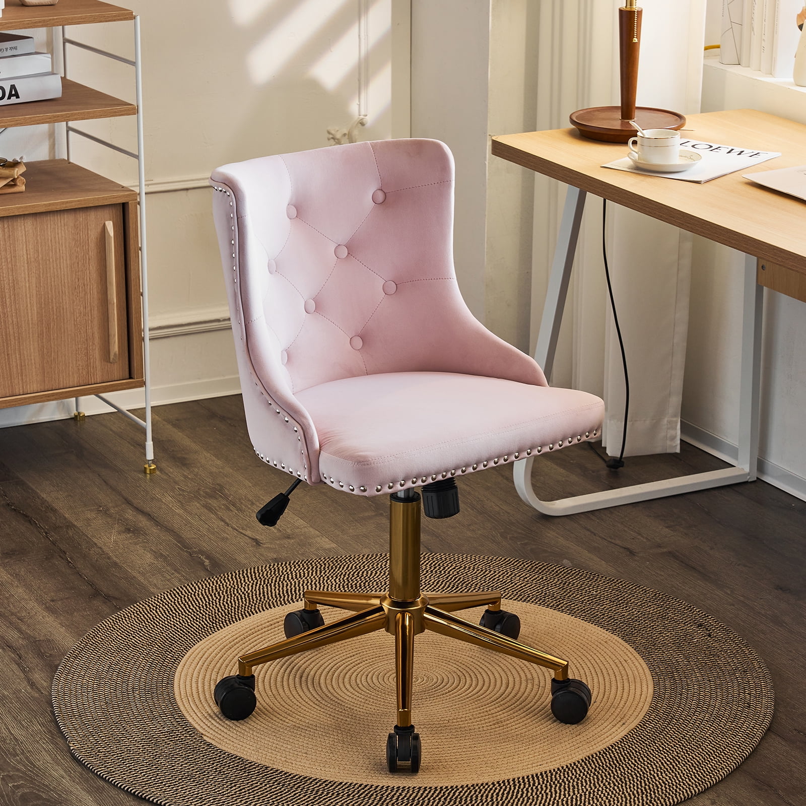 UBesGoo Armless Office Chair Flannel Computer Task Chair Adjustable Swivel Vanity Chair with Ergonomic Backrests and Wheels for Conference and Home Light Pink & Gold