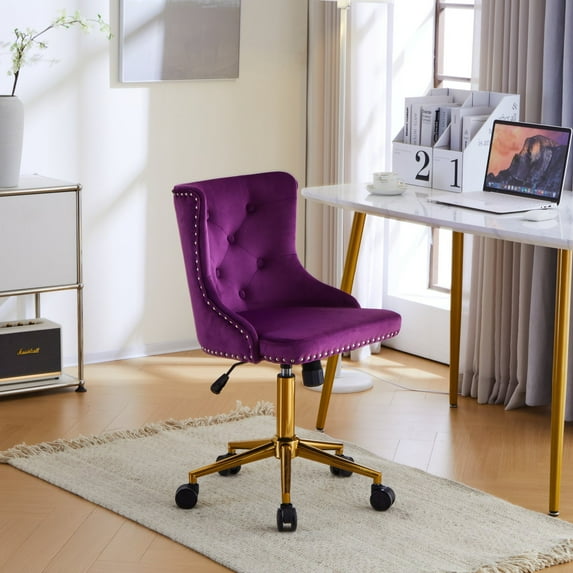 UBesGoo Armless Office Chair Flannel Computer Task Chair Adjustable Swivel Vanity Chair with Ergonomic Backrests and Wheels for Conference and Home Purple & Gold