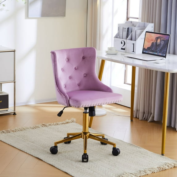 UBesGoo Armless Office Chair Flannel Computer Task Chair Adjustable Swivel Vanity Chair with Ergonomic Backrests and Wheels for Conference and Home Violet & Gold