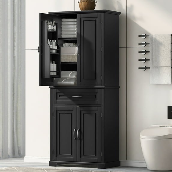 UBesGoo Bathroom Storage Cabinet with Doors Hidden Storage and Drawer, Multiple Storage Space, Adjustable Shelf, Black