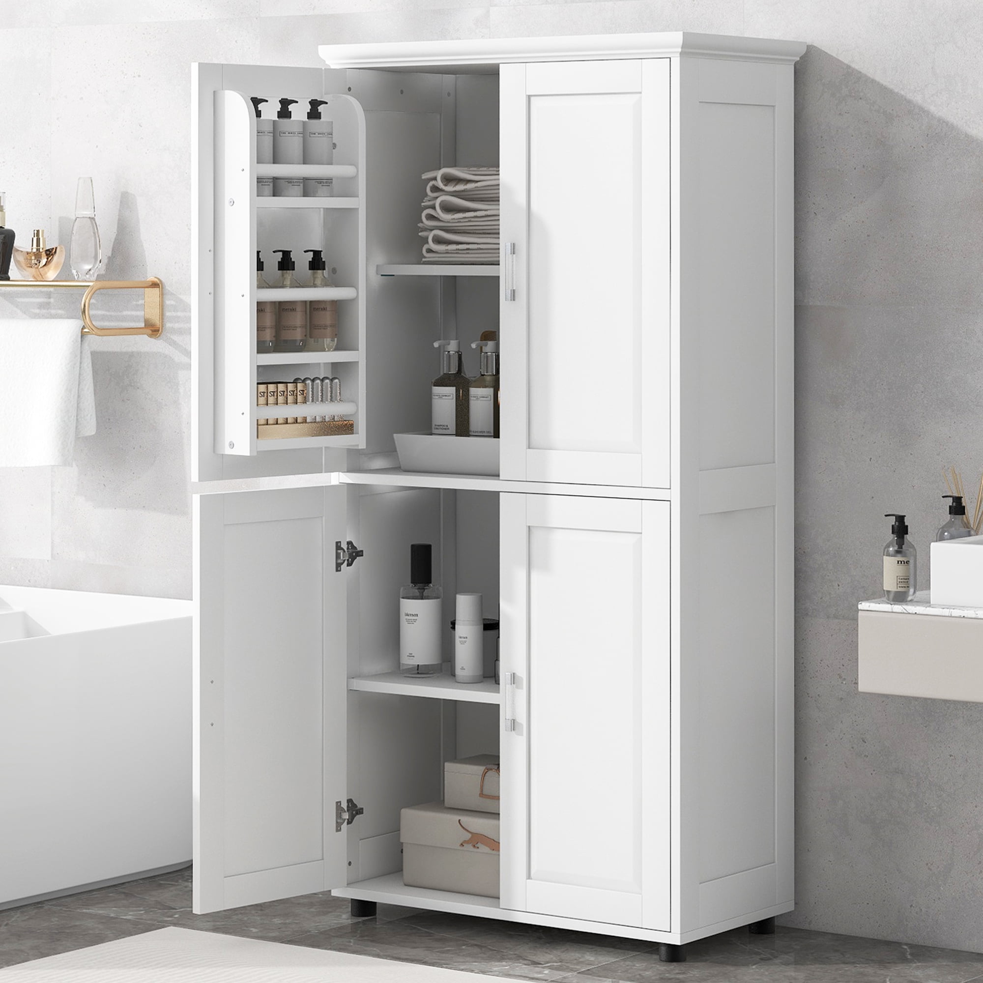 UBesGoo Bathroom Storage Cabinets 4 Doors with Hidden Storage Drawers for Bathroom, Living Room, White