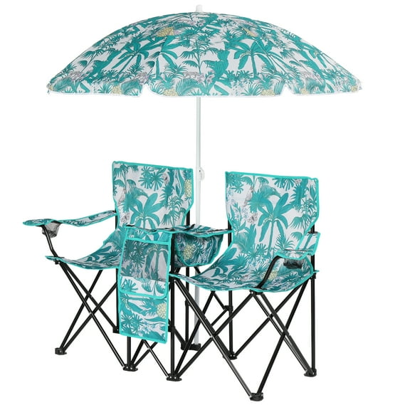 UBesGoo, Beach Chair, Two Seat Portable Chair, Folding Chairs for Outside with Umbrella, Fishing Chair with Canopy, With Bag, Blue Green Coconut Tree