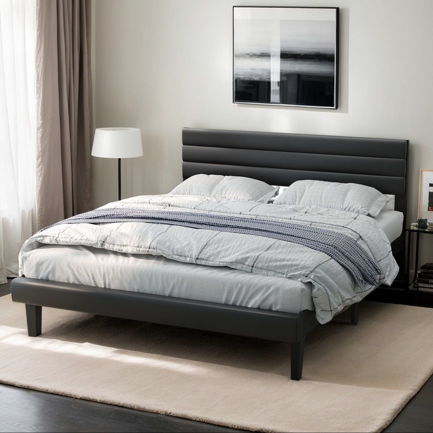 UBesGoo Bed Frame Queen Size Upholstered Platform Bed Frame with Headboard,  Mattress Foundation with Wood Support, Black