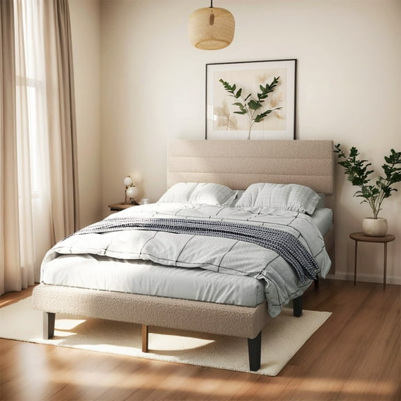 UBesGoo Bed Frame Twin Size Upholstered Platform Bed Frame with Headboard, Mattress Foundation with Wood Support, Beige