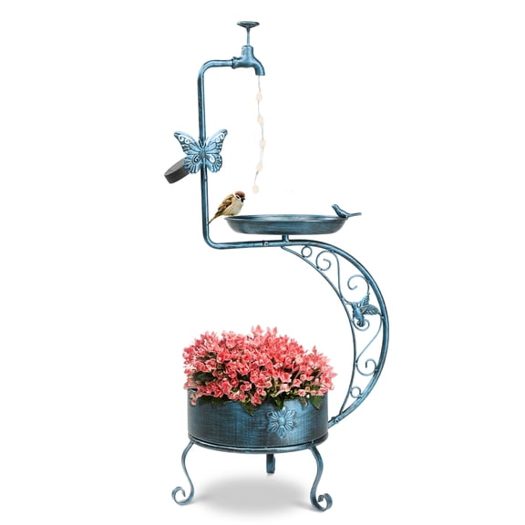 UBesGoo Bird Bath for Outside with Solar Lamp and Removable Flower Planter Pedestal 36in Vintage Metal, Antique Blue