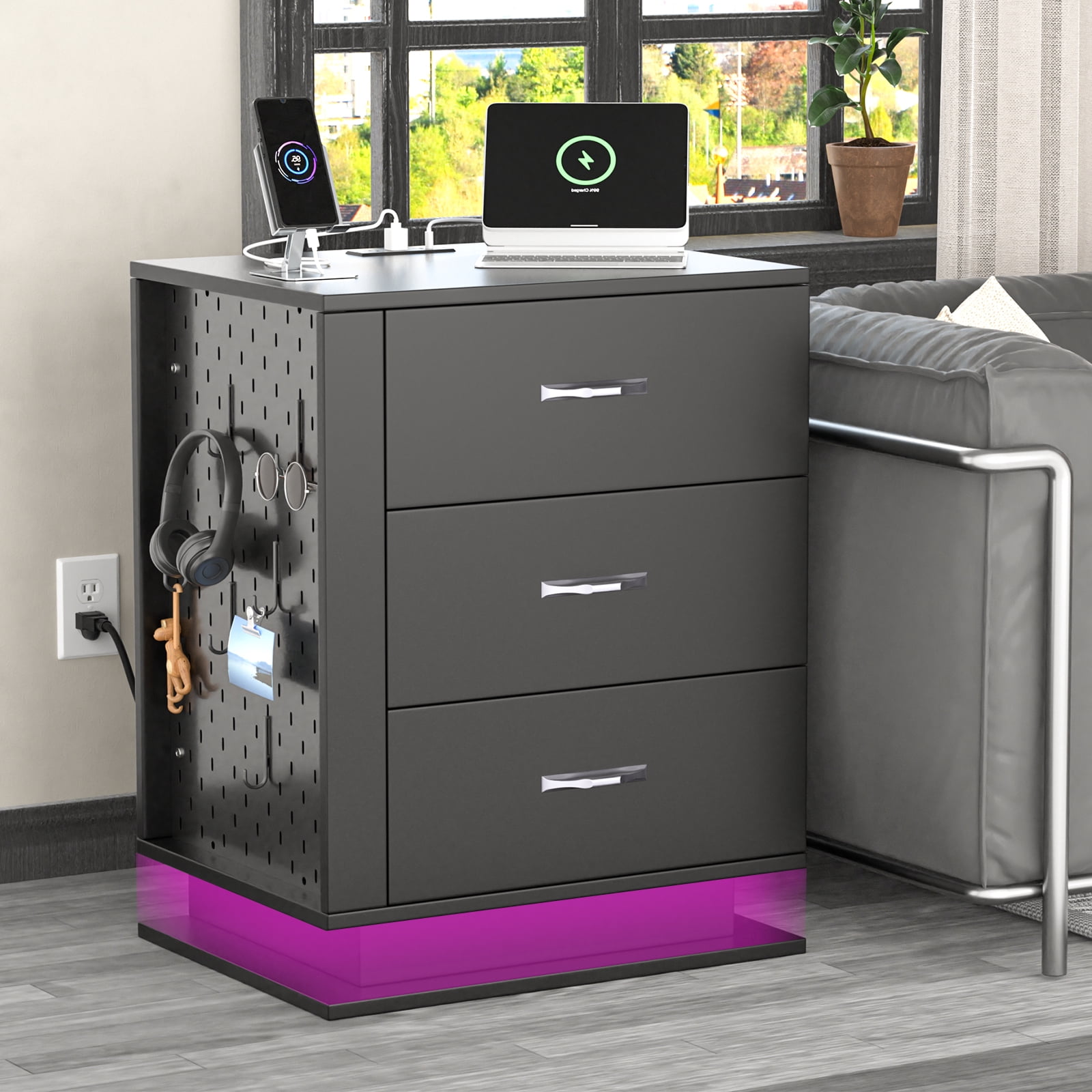 VINGLI Nightstand With Charging Station & LED Lights - 3-Drawer Bedside Table With Pegboard & Hooks, White
