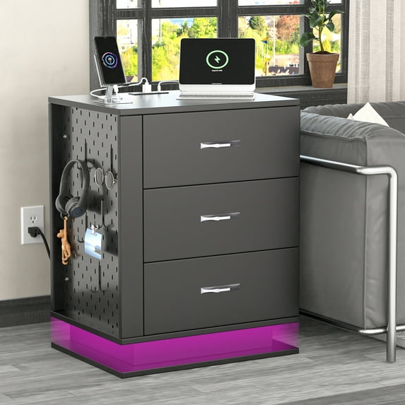 UBesGoo Black Nightstand with Charging Station and DIY Pegboard & Hooks, Led Nightstand 3 Drawer, Smart Nightstand, Wood Nightstand Bedroom, Modern Nightstand, Bedside Table, End/Side Table