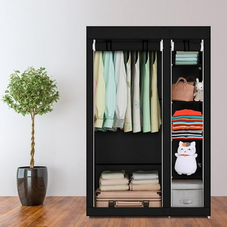 UBesGoo Black Portable Clothes Closet Non-woven Fabric Wardrobe Double Rod Storage Organizer Black