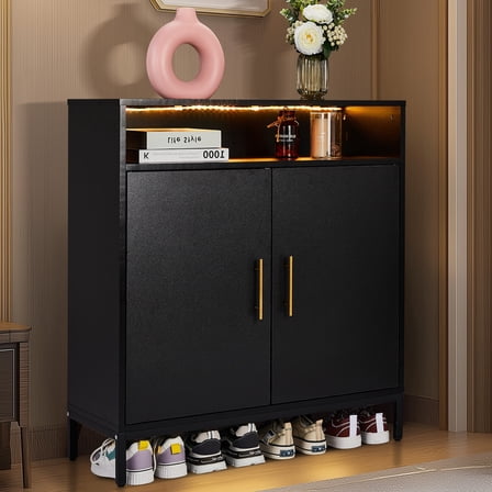 UBesGoo Black Wooden Shoe Cabinet,15 Light LED, Adjustable Layers, Store 24 Pairs, Black