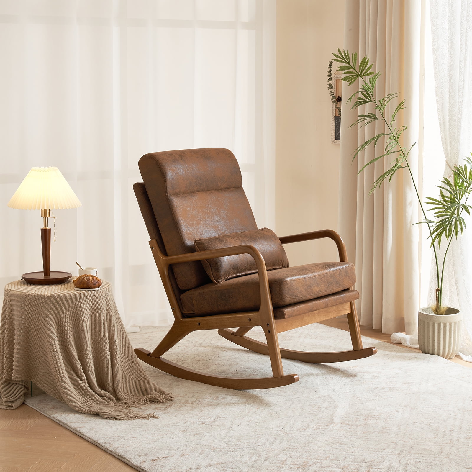 UBesGoo Bronzing Cloth Rocking Chair,Mid-Century Glider Rocker with Padded Seat and Wood Frame, Modern Accent Chair for Living Room Brown