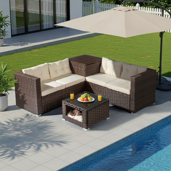 UBesGoo 4-Pc Patio Rattan Set, 2 Loveseats with Storage & Pet Table, Beige Cushions, Brown