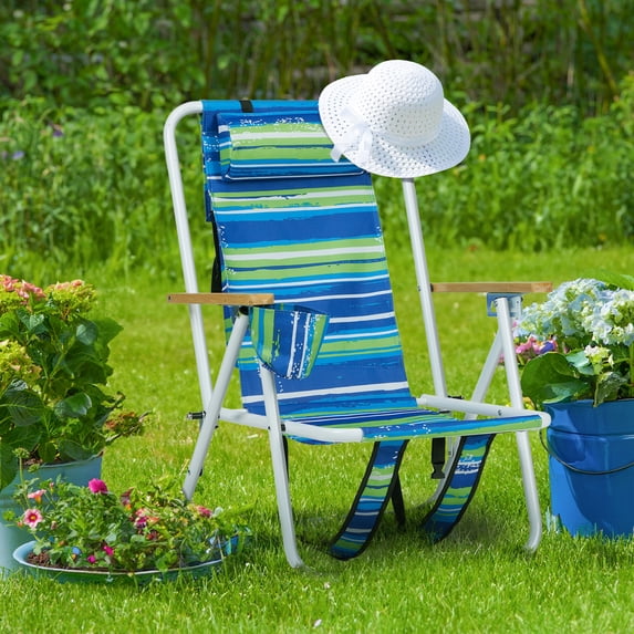 UBesGoo 1Pc Backpack Beach Chair Folding Recliner Lounge Green&Blue Stripe